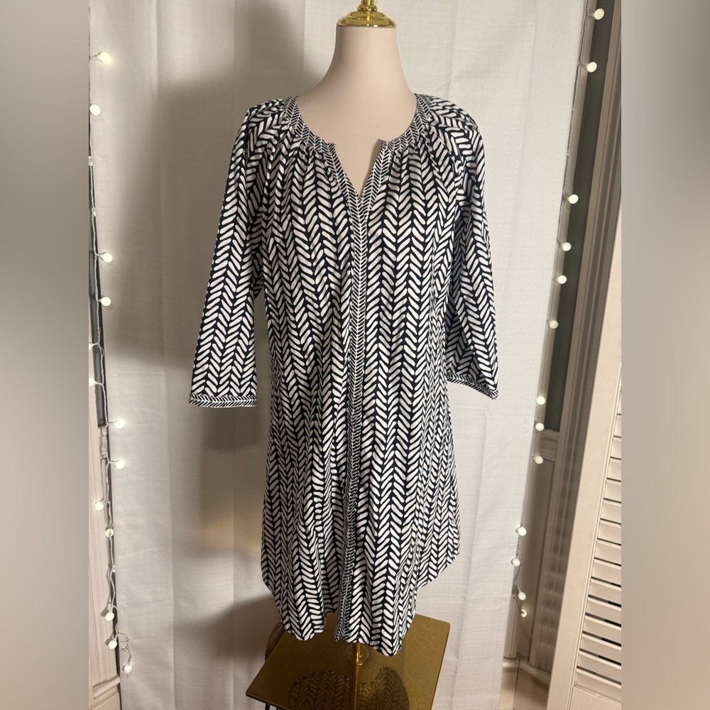 Hatley Black White Cotton Tunic Dress Coverup L Large Boho Print 3/4 Sleeve - Picture 9 of 9
